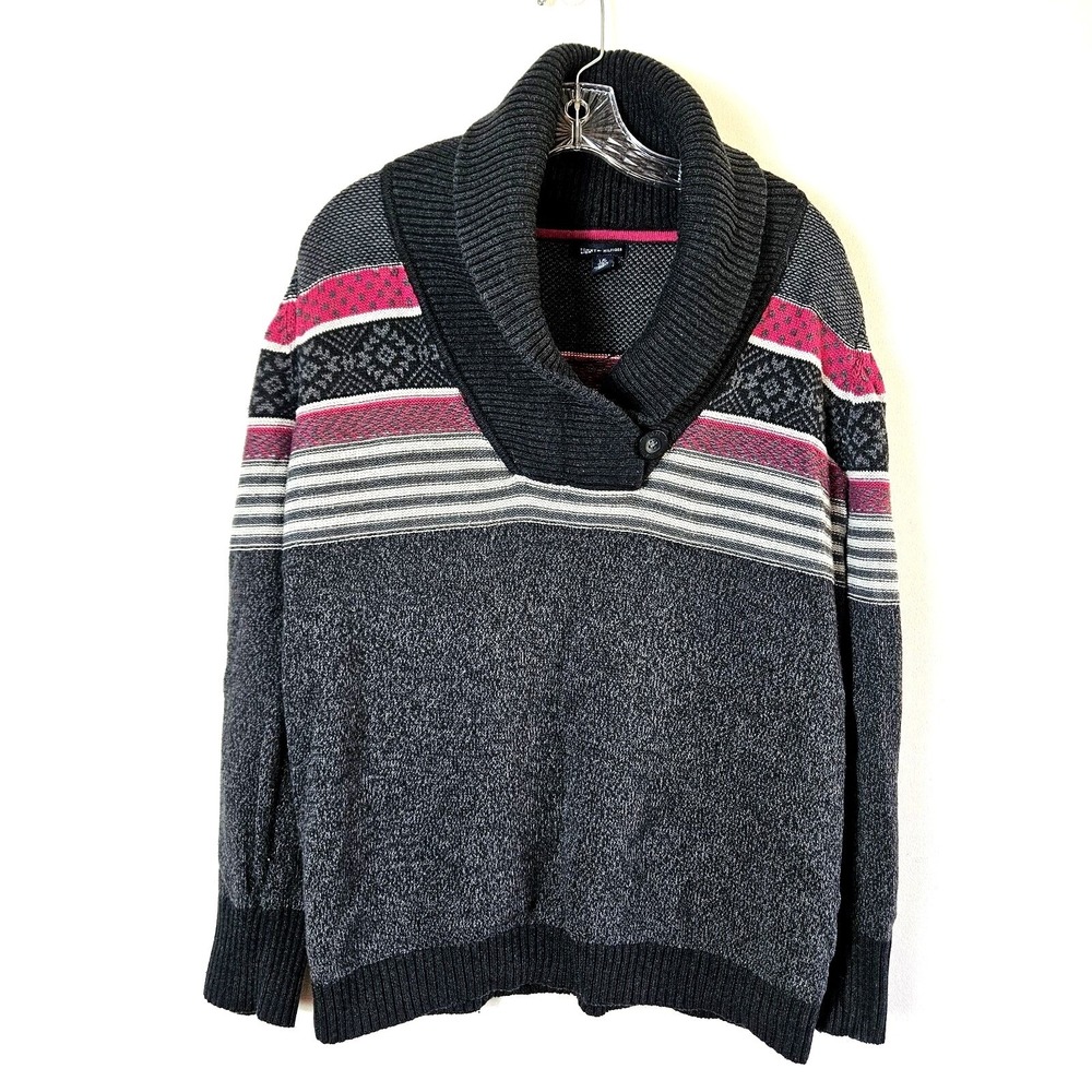 Tommy Hilfiger Gray Fair Isle Shawl Collar Pullover Sweater L Preppy Ski Apres